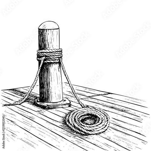 Vector illustration of a wooden post with rope tied on a dock in a hand-drawn style
