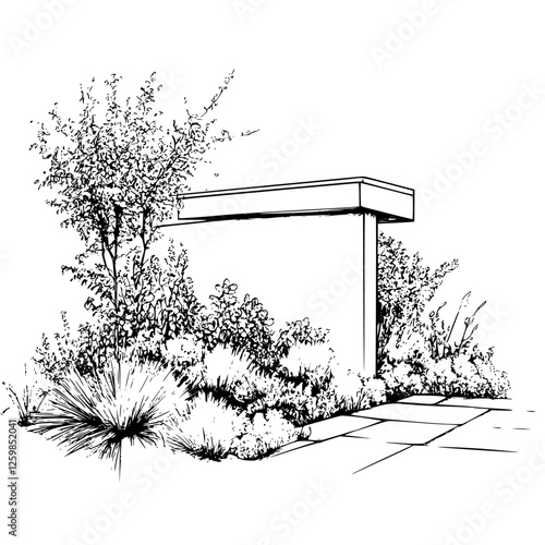 Detailed vector illustration of a modern garden landscape design with hand-drawn elements featuring lush plants and stones