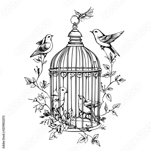 Vector illustration of hand-drawn birds around a decorative birdcage surrounded by vines and leaves