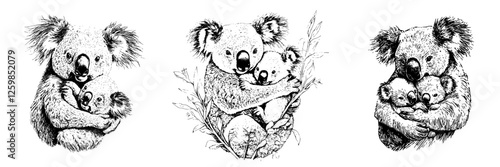 Illustration depicts affectionate koalas embracing their young in a natural setting showcasing the bond between parent and child