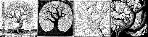 Vector illustration showcasing intricate hand-drawn designs of trees and flowers in a mosaic style