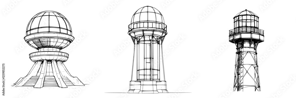 Vector illustration showcasing hand-drawn architectural designs of various watchtowers and observation structures in a minimalist style Vector illustration showcasing hand-drawn architectural designs of various watchtowers and observation structures in a minimalist style