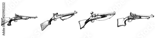 Detailed hand-drawn vector illustration of vintage rifles in various positions and perspectives