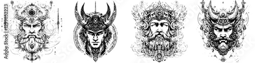 Intricate hand-drawn vector illustrations of mythological characters with elaborate headgear and mystical elements showcasing creativity and artistry