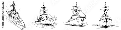 Hand-drawn vector illustration of naval ships navigating through ocean waters at various angles