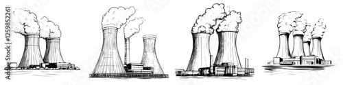 Hand-drawn vector illustration showcasing various industrial cooling towers against a cloudy sky