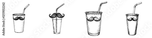 Vector illustration showcasing quirky drink cups with mustache straws in a playful hand-drawn style