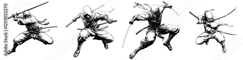 Dynamic hand-drawn vector illustration of ninjas in action showcasing agility and stealth