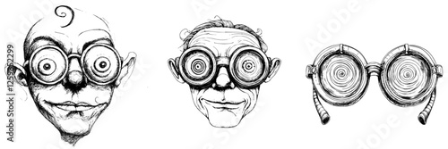 Whimsical hand-drawn vector illustration of quirky characters wearing large round glasses