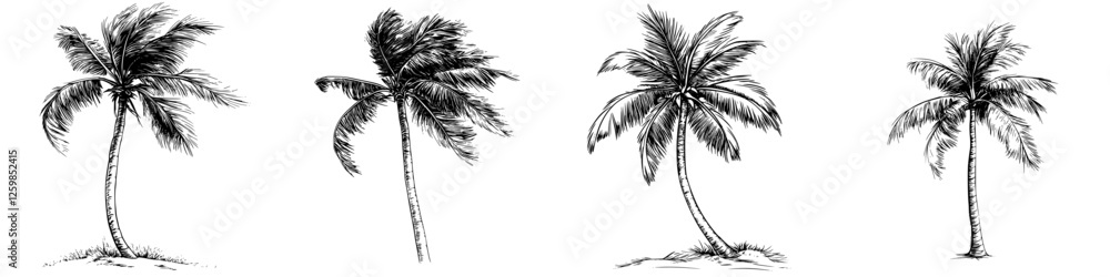 Fototapeta premium Vector illustration of hand-drawn palm trees swaying in the breeze with varied postures highlighting tropical nature