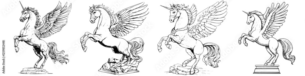 Fototapeta premium Detailed hand-drawn vector illustration of magical winged unicorns in various dynamic poses