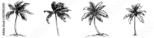 Vector illustration of hand-drawn palm trees swaying in the breeze with varied postures highlighting tropical nature