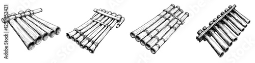 Vector illustration of hand-drawn bamboo flutes arranged in various positions showcasing detailed craftsmanship