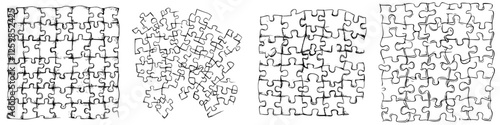 Vector illustration showcasing the process of assembling a hand-drawn puzzle from organized pieces to a completed design