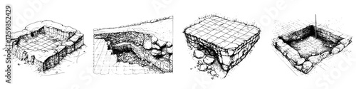 Detailed hand-drawn vector illustration of different excavation stages in archaeological site exploration