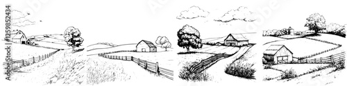 Hand-drawn vector illustration of a serene rural landscape with farms and meadows under a cloudy sky