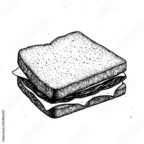 Delicious hand-drawn vector illustration of a sandwich with layers of cheese and meat