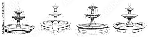 Elegant hand-drawn vector illustration of four distinct fountain designs showcasing flowing water