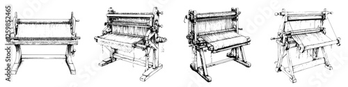 Vector hand-drawn illustration of traditional weaving looms showcasing each unique design and craftsmanship from different angles