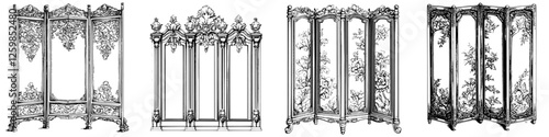 Elegant hand-drawn vector illustrations of decorative folding screens with intricate designs and floral motifs in various styles