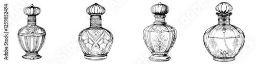 Elegant collection of vintage perfume bottles showcased in a hand-drawn vector illustration