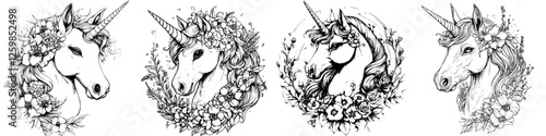 Hand-drawn vector illustration of four unicorns adorned with intricate floral designs in a whimsical style