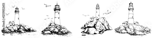 Vector illustration of lighthouses on rocky shores with birds flying overhead in a hand-drawn style