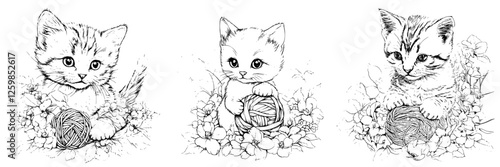 Hand-drawn vector illustration of playful kittens surrounded by flowers and yarn in a whimsical setting