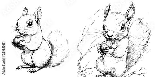 Cute squirrels holding acorns in a detailed hand draw vector illustration capturing a playful moment in the forest