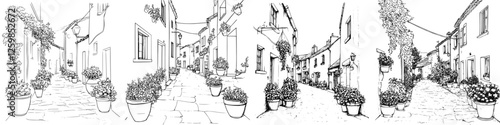 Charming hand-drawn vector illustration of a quaint village street lined with flower pots and cobblestone paths