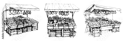 Hand-drawn vector illustration of market stalls filled with fresh produce and vegetables in a busy outdoor setting
