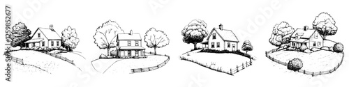 Hand-drawn vector illustration of idyllic rural houses set in a serene landscape with trees and rolling hills