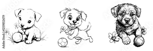 Playful puppies joyfully frolicking with flowers and balls in a hand-drawn vector illustration