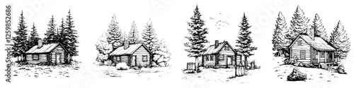 Rustic hand-drawn vector illustration of cozy wooden cabins among tall trees in a serene forest setting