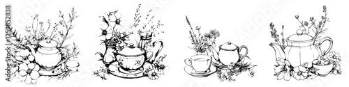 Hand-drawn vector illustration of teapots surrounded by herbs and flowers in a natural setting