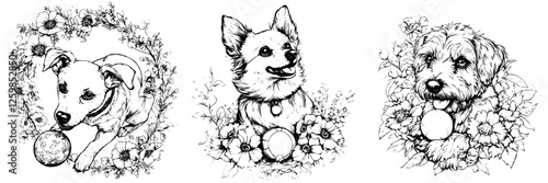 Hand-drawn vector illustration of three adorable dogs surrounded by floral wreaths