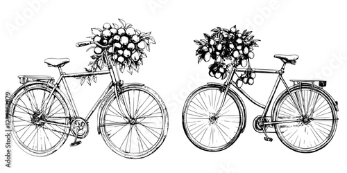 Bikes adorned with fresh fruit, showcasing a hand-drawn vector illustration of nature's bounty on two bicycles