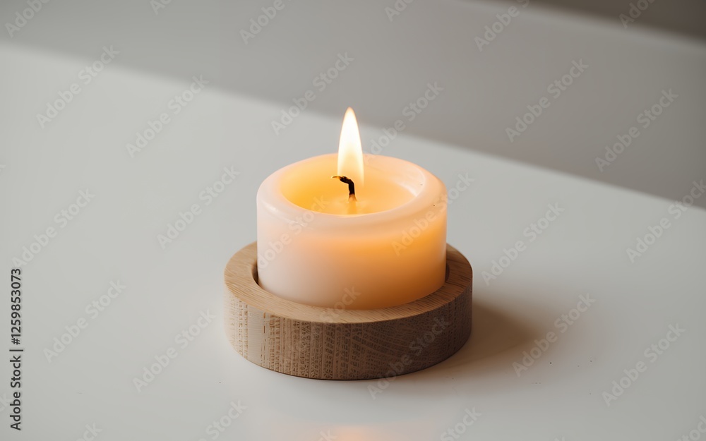 Lit Candle on Wooden Holder Peaceful Home Decor Relaxation Hygge Atmosphere Lit Candle on Wooden Holder Peaceful Home Decor Relaxation Hygge Atmosphere