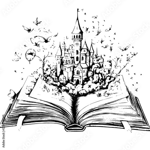 Creative hand-drawn vector illustration of an open book with a fairy tale castle emerging from its pages surrounded by nature
