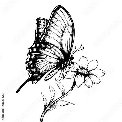 Butterfly perched delicately on a flower in hand-drawn vector illustration style