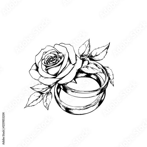 Elegant hand-drawn vector illustration of a rose resting on two intertwined wedding rings