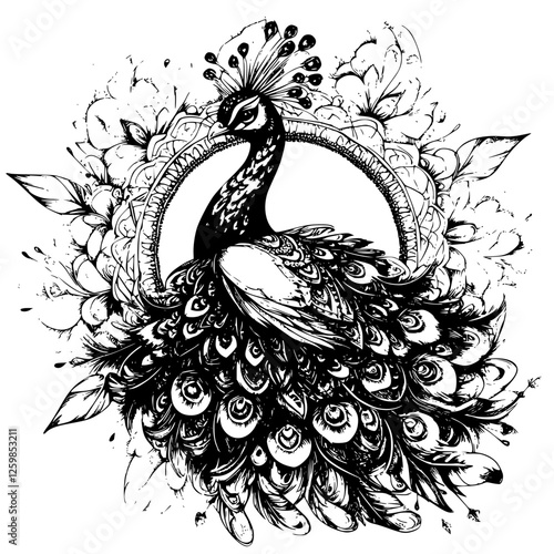 Black and white hand-drawn vector illustration of a majestic peacock surrounded by intricate floral patterns