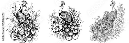 Elegant peacocks adorned with floral elements in a hand-drawn vector illustration style showcasing nature's beauty and grace