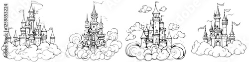 Hand-drawn vector illustration featuring whimsical castles surrounded by clouds in a fantastical setting