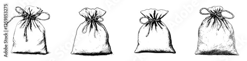 Hand-drawn vector illustration of four tied bags with varying textures and designs