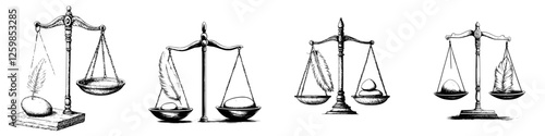 Balanced scales illustrating various weights with eggs, feathers, and a stone in a hand-drawn vector style