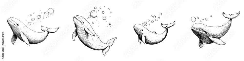 Fototapeta premium Elegant hand-drawn vector illustration of whales swimming and creating bubbles in the ocean