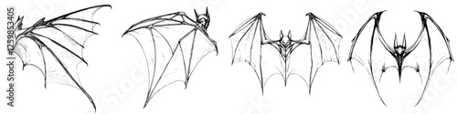 Vector illustration showcasing hand-drawn bat designs with detailed wing structures in different positions and angles for artistic reference