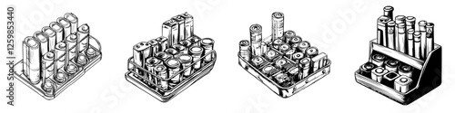 Hand-drawn vector illustration of assorted battery packs arranged on shelves in an organized manner