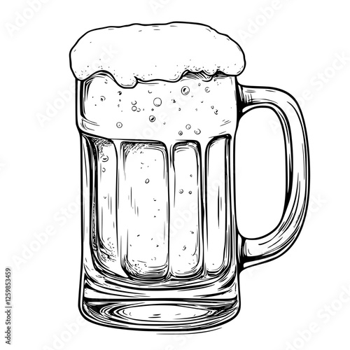 Detailed hand-drawn vector illustration of a frothy beer mug with bubbles showcasing a classic beverage experience